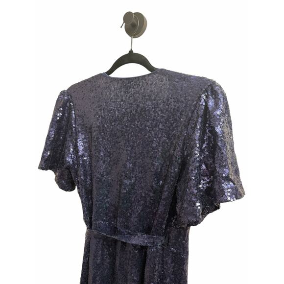 DMFashion Navy Sequin Wrap Maxi Dress Size Small Flutter Sleeve Formal Evening - Picture 13 of 16